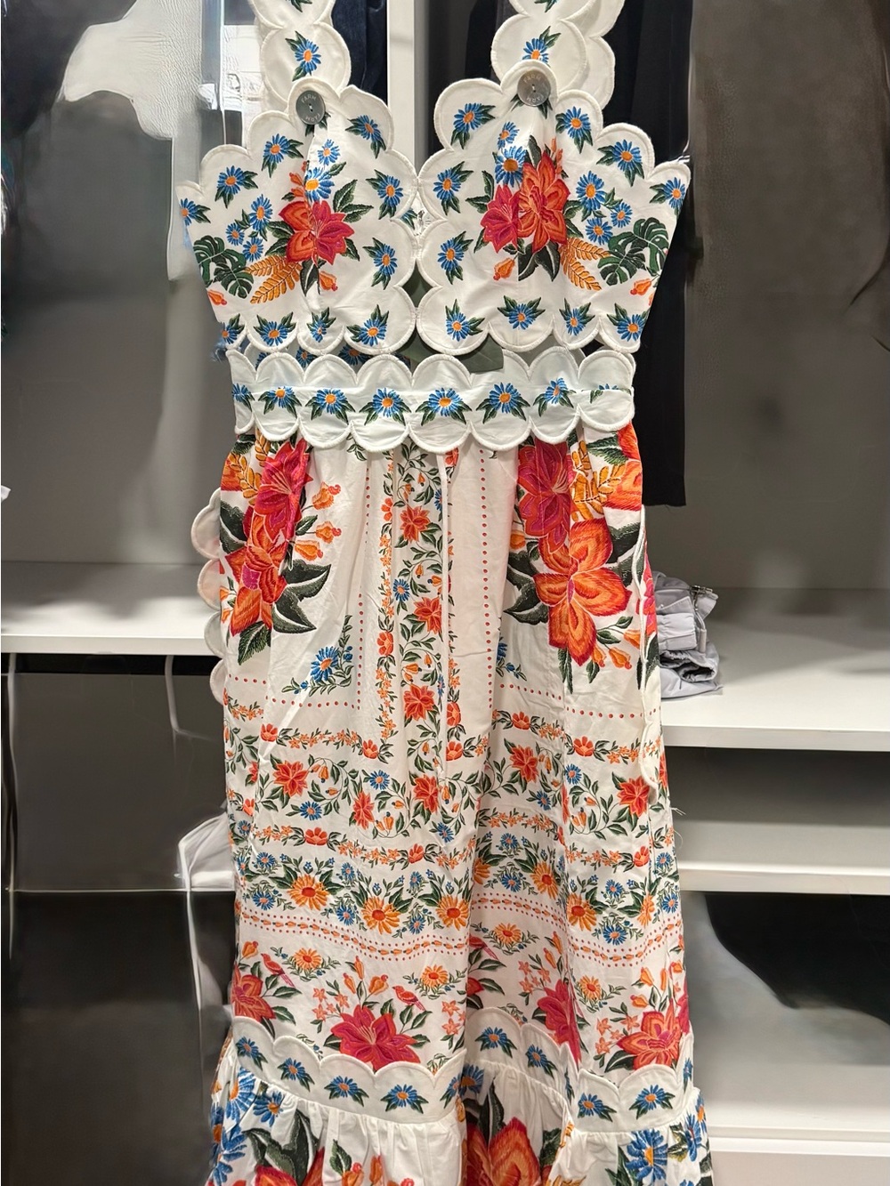 Farm Rio Scalloped white Floral embroidered dress